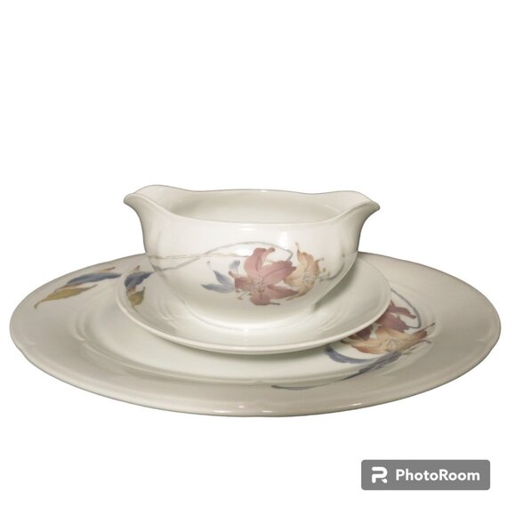 Anatole Oval 12.5" Platter Round Gravy Boat Attached Underplate Porcelain Japan - Picture 1 of 9